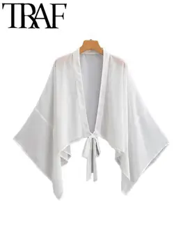 TRAF Винтажная модная Женская однотонная повседневная блузка с V-образным вырезом, рукава 3/4, рубашка с галстуком, женский топ Y2K 2023, лето, тонкий