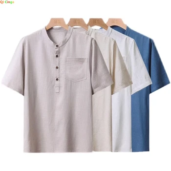 Однобортная хлопковая льняная рубашка с V-образным вырезом и короткими рукавами, мужские летние повседневные рубашки белого, синего, серого цвета, мужская сорочка Camisa M-3XL 4XL