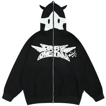 Дьявольские Рога в стиле панк, повседневная толстовка Y2K в стиле хип-хоп с вышивкой в виде Звезды и букв, куртка на молнии, Уличная одежда, Harajuku, Модное мужское пальто