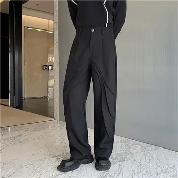 Осень 2023, корейский стиль, уникальный дизайн плиссированной простыни, костюмные брюки, мужские повседневные тонкие черные костюмные брюки для мужчин, размер брюк M-XL