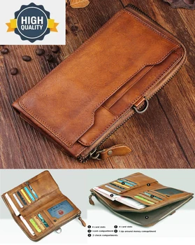 Модный винтажный кошелек из натуральной кожи 2024 года, мужской кошелек Leathe, мужской длинный кошелек-клатч, сумка для денег, держатель для карт