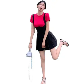 Милая трикотажная футболка для девочек с глубоким вырезом, короткими рукавами, круглым вырезом и плиссированным ремешком, мини-платье, женский комплект из двух предметов