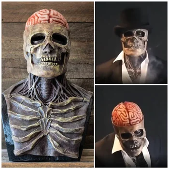 Хэллоуин Маска с черепом на все лицо, Голый Мозг, Ужасный Скелет с Подвижной Челюстью, Латексные маски, Черные Шляпы, Косплей, Реквизит для Хэллоуина