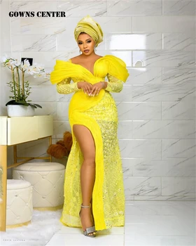 Желтые вечерние платья класса люкс Aso Ebi с длинным рукавом, расшитым бисером, с открытыми плечами, 2023, прозрачное вечернее платье Русалки ручной работы Weddi