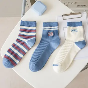Новейшие носки Haze Blue, универсальные для мужских и женских пар, полосатые носки с вышивкой буквами, студенческие носки для колледжа, модные носки Flow