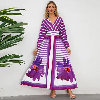 2023 Африканские платья для женщин, Осеннее элегантное африканское длинное платье с V-образным вырезом из полиэстера с принтом Синего, красного, фиолетового цветов, длинное платье Макси-платье