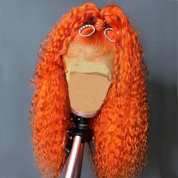 26 дюймов, плотность 180%, Имбирно-оранжевый Кудрявый парик с предварительно выщипанными мягкими свободными частями, кружевной парик спереди для женщин с волосами младенца, повседневные парики