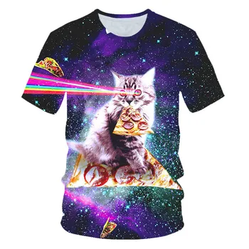 2023 Новая футболка Galaxy Space 3D Cute Little Cat Eating Taco Pizza Fun Top, Футболка с коротким рукавом, Летняя Футболка оверсайз 6XL