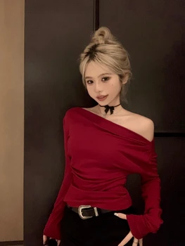 Одно открытое плечо С длинным рукавом Однотонная винтажная красная футболка Осенняя женская футболка женский сексуальный топ y2k одежда корейская
