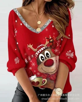 Женская футболка, Рождественский Красный Пуловер с принтом Лося, Свободная Модная Футболка С рукавами, Весенне-Осенний Топ Для отдыха, Новый Стиль