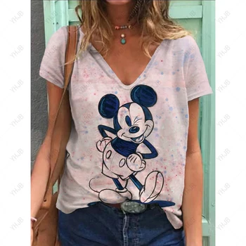 Женская модная футболка с принтом Диснея Минни Микки Маус Повседневная рубашка с короткими рукавами 2023 Летний простой уличный женский топ