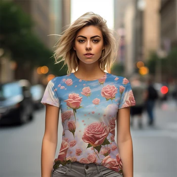 Новая футболка с 3D цветочным принтом, летняя простая женская футболка, Модная Новая женская футболка Оверсайз