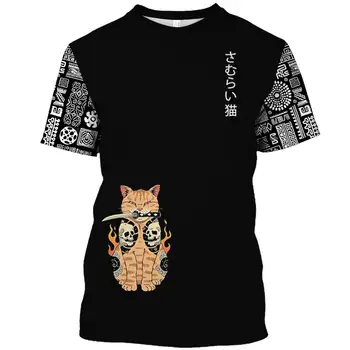 Мужская футболка с принтом кота японского самурая, повседневная простота, О-образный вырез, короткий рукав, модный тренд, уличная одежда в стиле харадзюку, топ оверсайз
