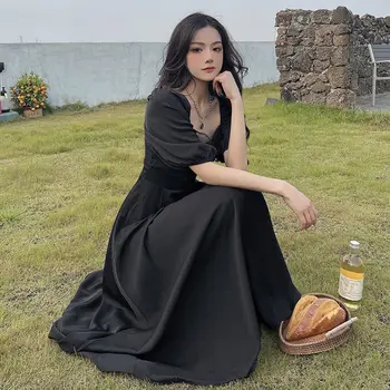 Черное длинное платье Макси, летнее платье для женщин, готическое платье, Элегантное вечернее платье Миди, Винтажная одежда, Корейская мода 2023