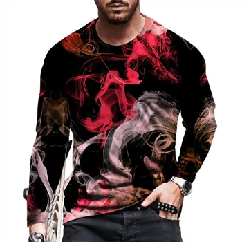 Весенне-осенняя мужская подкладка Flame, Модный пуловер с круглым вырезом и принтом, футболка в стиле хип-хоп, спортивная одежда с длинным рукавом