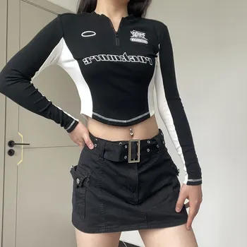 Эстетика гранжа, футболки оверсайз, укороченный топ на молнии, одежда Y2K, Корейская винтажная уличная одежда, повседневные Женские футболки Acubi Harajuku