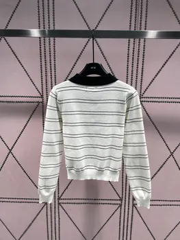 2023, Ранняя осень, Новый вязаный свитер с длинным рукавом в черно-белую полоску с буквами, вязаный свитер в черно-белую полоску, универсальный топ для женщин