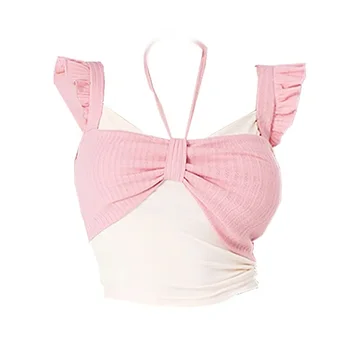 Розовый жилет с V-образным вырезом и висячим ремешком в стиле пэчворк, женский короткий топ, сексуальное чистое желание, Стройная красотка, Горячая Корейская мода E-girl Summer