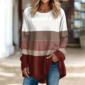Женский свитер, осенняя футболка с круглым вырезом и длинным рукавом, простая футболка с принтом в полоску, женская спортивная рубашка из искусственного хлопка в винтажном стиле