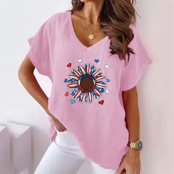 Модная Летняя Женская футболка С V-образным вырезом, Футболки с 3D Уличным Принтом Подсолнуха, Harajuku, Свободная футболка Большого размера, Женская одежда