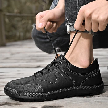 Кожаная повседневная обувь ручной работы для мужчин на шнуровке Уличные нескользящие туристические ботинки Черный Большой размер 47 48