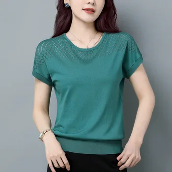 2023 Летний женский пуловер с круглым вырезом, открытая однотонная футболка с коротким рукавом, Модные повседневные Элегантные топы для отдыха и офиса для леди