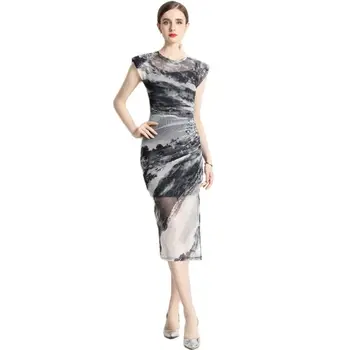 2023 Летнее винтажное женское платье-карандаш в китайском стиле с принтом из черной туши, сетчатая обертка с высокой талией, стрейч-слинг, комплект из двух предметов