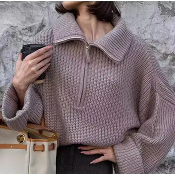 Пуловер, Однотонный женский осенне-зимний свитер на молнии, Свободный повседневный вязаный свитер, женский стиль, блузка de frio feminina