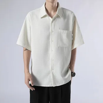 Плюс Размер Мужская Клетчатая Рубашка Harajuku Из Ледяного Шелка С Карманом-Карго, Однотонные Мужские Рубашки С Коротким Рукавом, Стильные Деловые Мешковатые Camisas Hombre