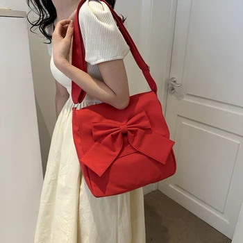 Сумка-мессенджер из ткани Оксфорд с милым бантом, вместительная сумка на молнии для поездок на работу, модная студенческая сумка для милых девочек, сумка для покупок