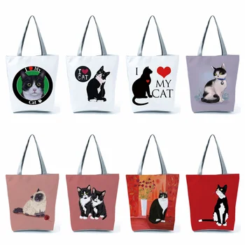 Настройте Ручные сумки Cute Black I Love Cat Painting Женская Дизайнерская сумка с изображением животных Эко Многоразовые сумки для покупок Складные