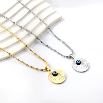 Модное женское ожерелье с талисманами от сглаза, Круглый круг, Нержавеющая сталь, Серебро, позолоченные ожерелья с подвеской на водной волне