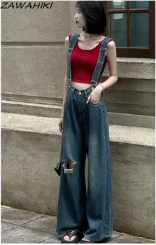 Y2K Эстетичные летние женские однотонные свободные женские джинсы с дырками, Высокая талия, широкие штанины, Темпераментные минималистичные универсальные джинсы из денима