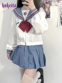 Костюм японской школьной формы Sailor JK Косплей Базовая форма девушки-моряка с рисунком из мультфильма Сине-белые комплекты Темно-синий костюм Женская уличная одежда
