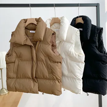 Парки-жилет для женщин, осень-зима 2023, новые корейские модные однотонные куртки без рукавов, женские утепленные теплые повседневные пальто