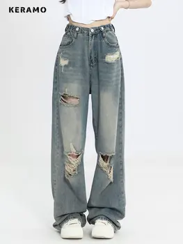 2023 Летние Свободные джинсы Harajuku с высокой талией в винтажном стиле Y2K Jeans, Женские широкие брюки в уличном стиле, Мешковатые Рваные джинсовые брюки
