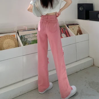 Женские модные джинсы-клеш с высокой талией, уличная одежда, прямые джинсы с розовым низом, женские повседневные сексуальные брюки