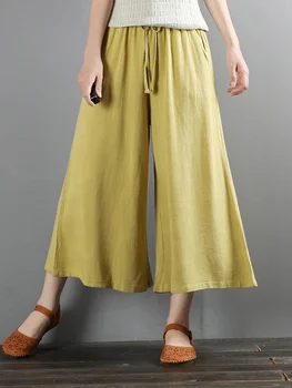Женские брюки большого размера с широкими штанинами 2023, Осень 2023, женские брюки-платья, классические прямые мешковатые хлопковые льняные брюки-капри