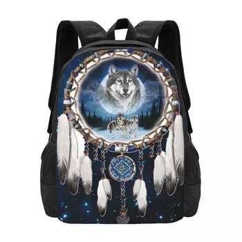 Волк и индийский Ловец снов, Простая стильная студенческая школьная сумка, Водонепроницаемый повседневный рюкзак большой емкости, Дорожный рюкзак для ноутбука