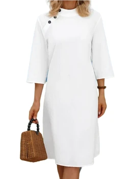 Новое модное женское платье 2023 года с большим стоячим воротником и рукавами 3/4, белое хлопковое льняное шикарное повседневное платье Vestido для женщин