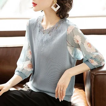 Элегантная блузка с V-образным вырезом и принтом, универсальная вышивка, женская одежда 2023, Летние новые повседневные пуловеры, офисная женская рубашка