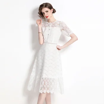 Элегантное летнее белое кружевное платье Миди, высококачественное женское платье с круглым вырезом и коротким рукавом, с вышивкой в виде цветка, с жемчужной пуговицей, Vestidos