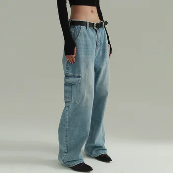 Винтажные женские джинсы, модный уличный тренд, синие джинсы-карго с множеством карманов, с высокой талией, женские спортивные мешковатые джинсы Y2k Jeans