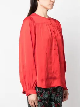 Женская атласная рубашка с круглым вырезом и пуговицами спереди, однотонная элегантная плиссированная женская блузка с длинным рукавом, осень 2023