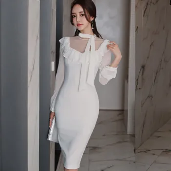 Осень 2023, Новая корейская версия, элегантное платье-карандаш на шнуровке, Женские простые облегающие платья, повседневные вечерние офисные платья
