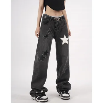 Женские черные джинсы контрастных цветов со звездным принтом, американские широкие брюки с высокой талией, модные осенние прямые брюки Y2K в винтажном стиле