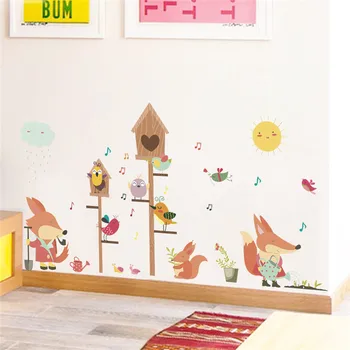 Милые птицы-лисы, наслаждающиеся музыкой, Настенная наклейка для детской комнаты, украшение дома, сделай сам, Мультяшное Сафари, Настенное искусство, наклейки из ПВХ, плакат