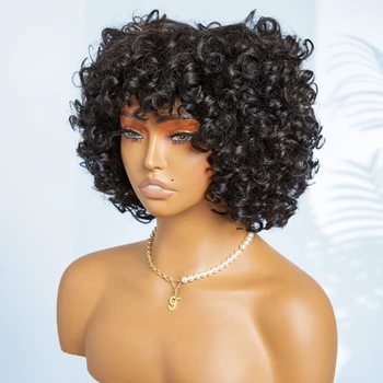 Короткий афро-кудрявый парик из человеческих волос машинного производства плотностью 180%, элегантный Натуральный Для ежедневного использования, большие упругие парики для чернокожих женщин