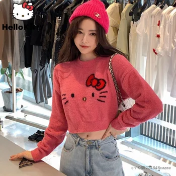 Sanrio Hello Kitty, Весна-осень, Короткие свитера, Одежда Y2k, Мультяшный Милый Трикотаж, Женские модные топы в Корейском японском стиле