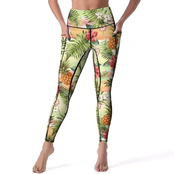 Леггинсы с тропическим фруктовым принтом, сексуальные штаны для йоги в цвет ананаса с высокой талией, эластичные леггинсы, дизайнерские спортивные колготки для тренировок.